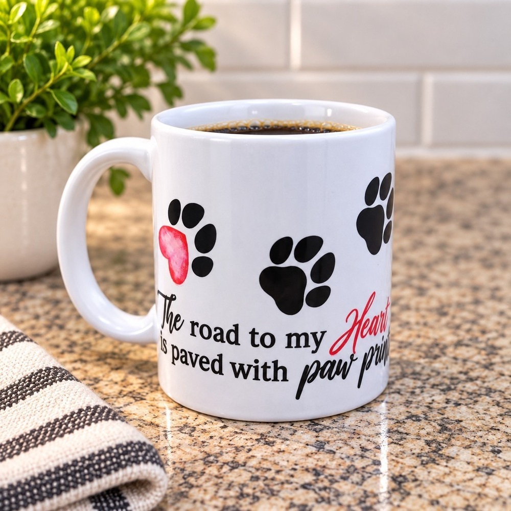 Ceramic Coffee Mug 11 oz Paw Prints Heart "Road to My Heart" Pet Lovers Dog Cat